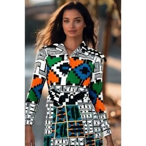 70s Lanvin Shirt Dress Womens Size 12 Geometric Print Belt Dagger Collar Buttons